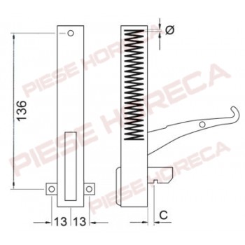 Balama usa cuptor cu montare stanga/dreapta, distanta intre gaurile de montare 118mm, lungime levier 125mm. Pentru OLIS, BAKE-OFF, UNOX, GARBIN, Küppersbusch, ROLLER-GRILL